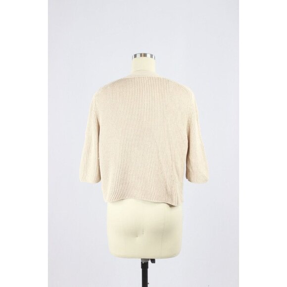 AKRIS PUNTO Beige Cotton Pointelle Knit Open Cardigan Shrug Sweater, Size 10 - Picture 3 of 12